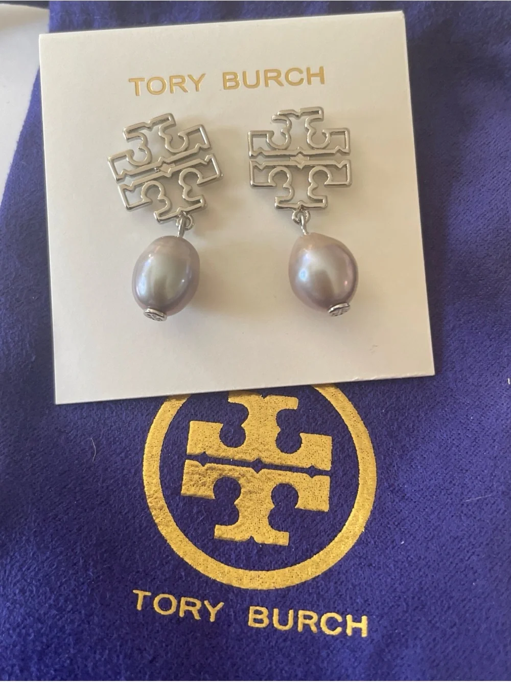 Tory Burch Silver Logo Earrings with Gray Pearl Drops